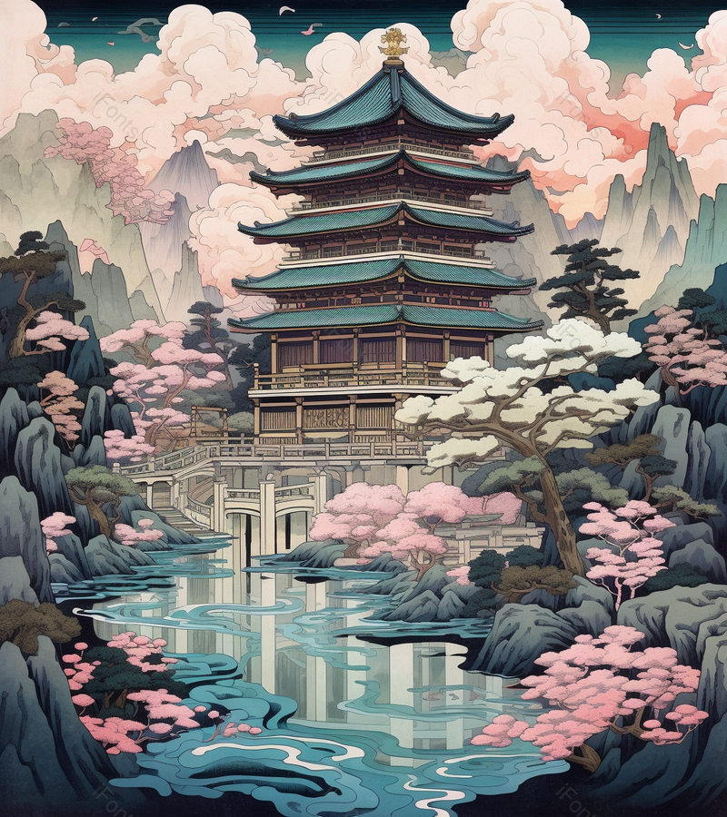 山水间的安静住所建筑国风背景,插画/手绘图,插画/手绘图库,插画/手绘图下载,插画/手绘